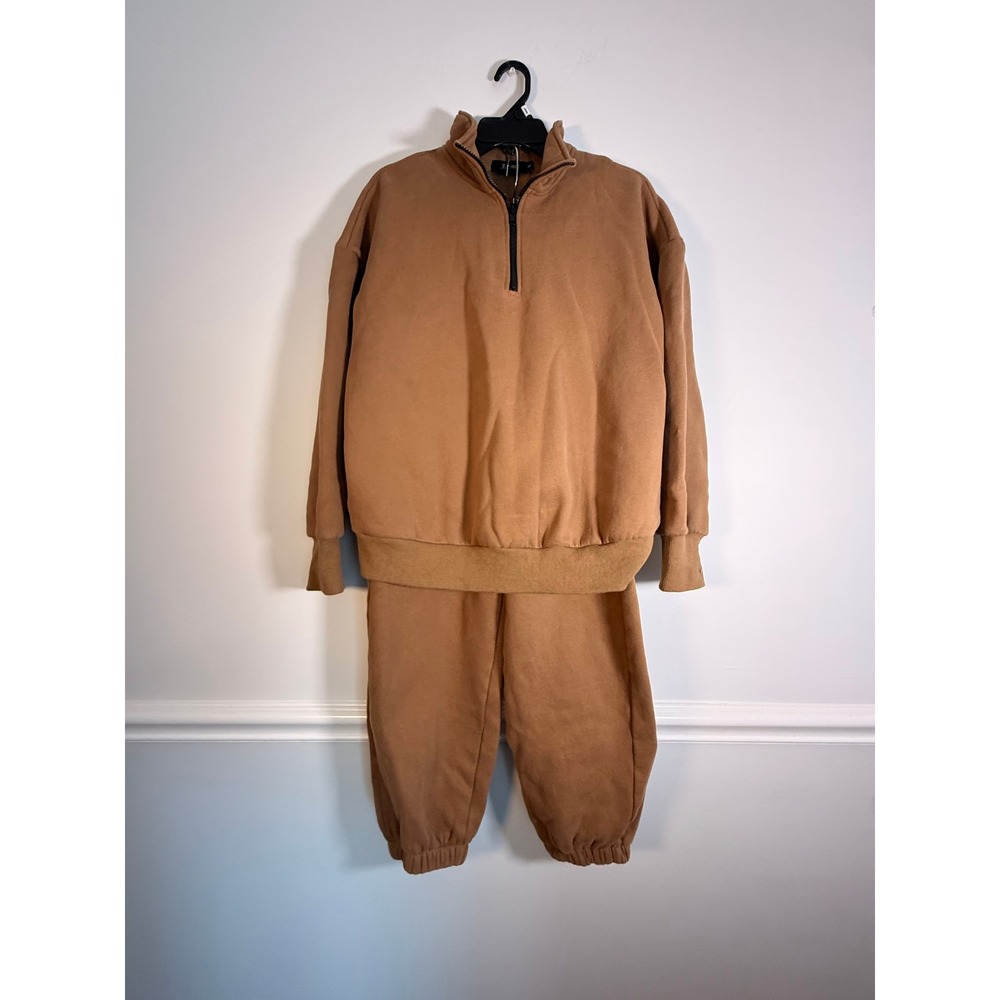 Automet Womens 2 Piece Lounge Set Quarter Zip Sweatshirt Joggers Brown Small
